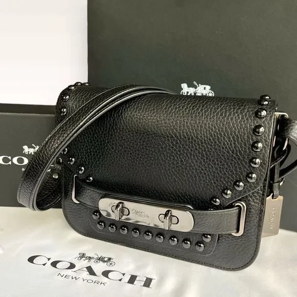 🖤🩶Coach Swagger Saddle / Shoulder Bag Black w/ Rivets & Gunmetal Hardware $400 - Picture 8 of 17